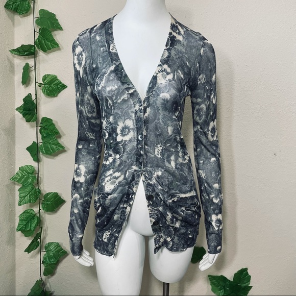 Vera Wang Floral Gray Blue Cardigan Blouse - Picture 5 of 14